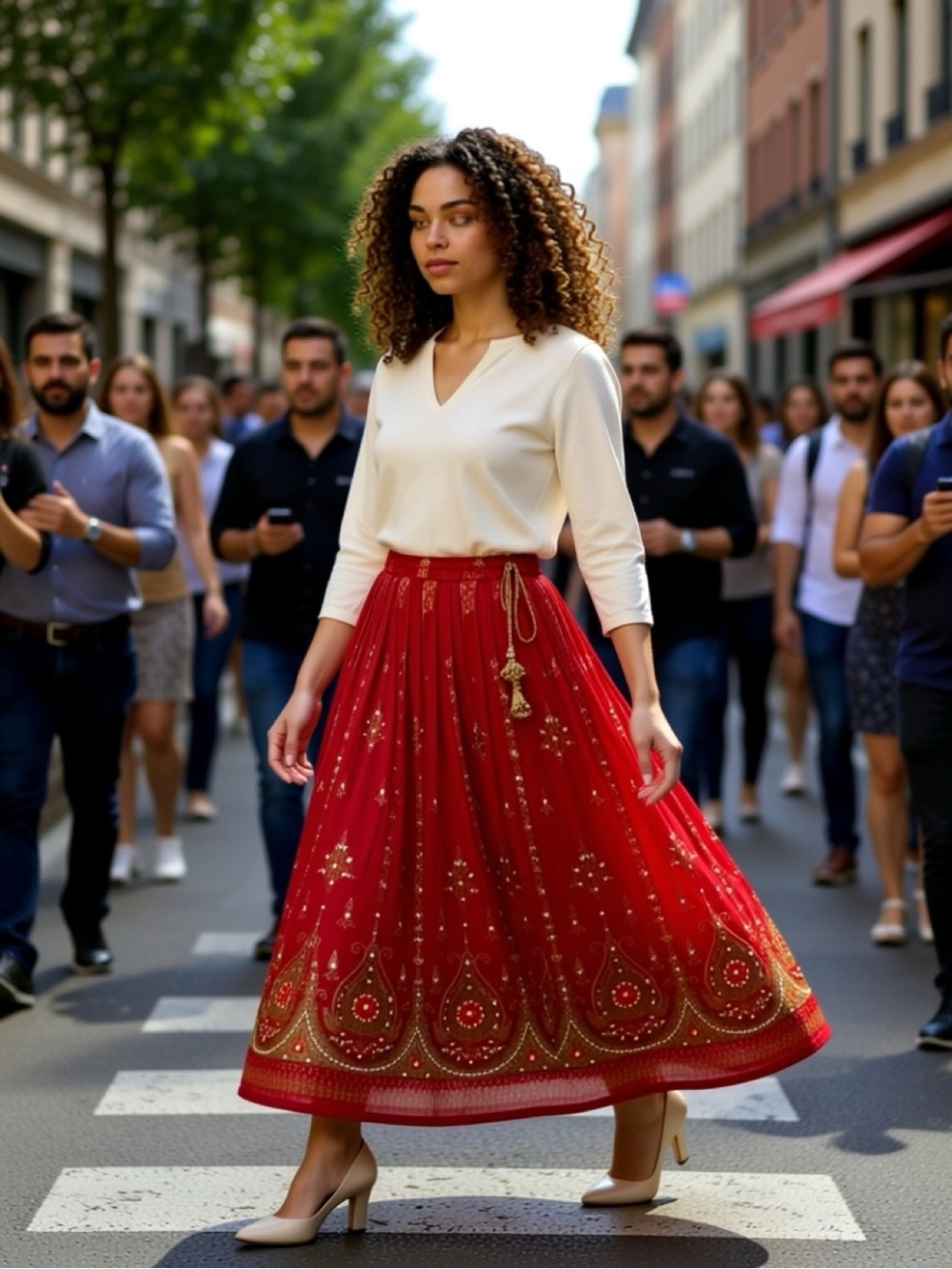 Boho Red Maxi Skirt with Gold Embellishment